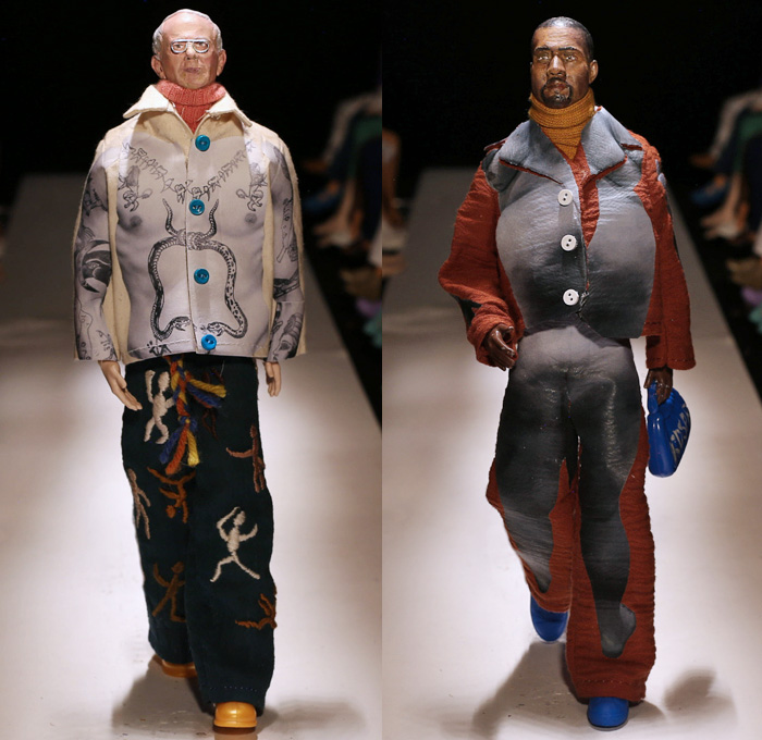 KidSuper by Colm Dillane 2021 Spring Summer Mens Runway Looks - Everything's Fake Until It's Real - Surreal Miniature Models Barbie Dolls Stop-Motion 3D Printed Heads Celebrities Faces Eyes Mouth Artwork Paint Stains Photos Scarf Jacket Coat Robe Patchwork Knit Crochet Basketweave Fringes Embroidery Turtleneck Sweater Wide Leg Pants Bedazzled Gems Sneakers