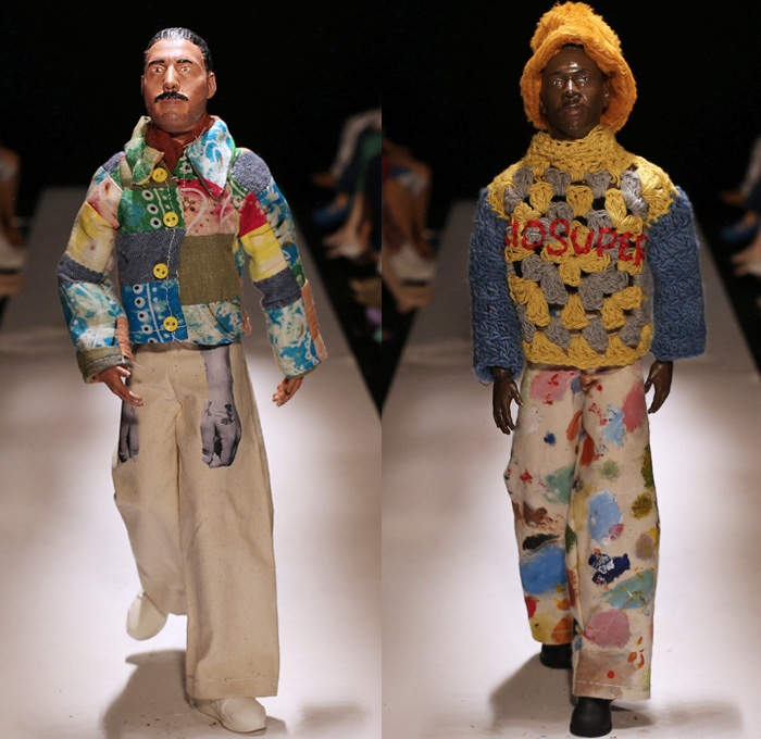 KidSuper by Colm Dillane 2021 Spring Summer Mens Runway Looks - Everything's Fake Until It's Real - Surreal Miniature Models Barbie Dolls Stop-Motion 3D Printed Heads Celebrities Faces Eyes Mouth Artwork Paint Stains Photos Scarf Jacket Coat Robe Patchwork Knit Crochet Basketweave Fringes Embroidery Turtleneck Sweater Wide Leg Pants Bedazzled Gems Sneakers