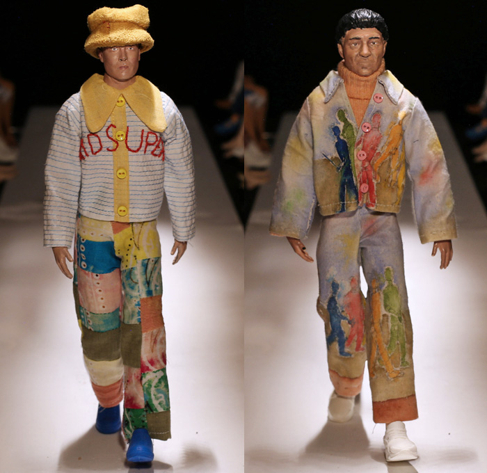 KidSuper by Colm Dillane 2021 Spring Summer Mens Runway Looks - Everything's Fake Until It's Real - Surreal Miniature Models Barbie Dolls Stop-Motion 3D Printed Heads Celebrities Faces Eyes Mouth Artwork Paint Stains Photos Scarf Jacket Coat Robe Patchwork Knit Crochet Basketweave Fringes Embroidery Turtleneck Sweater Wide Leg Pants Bedazzled Gems Sneakers