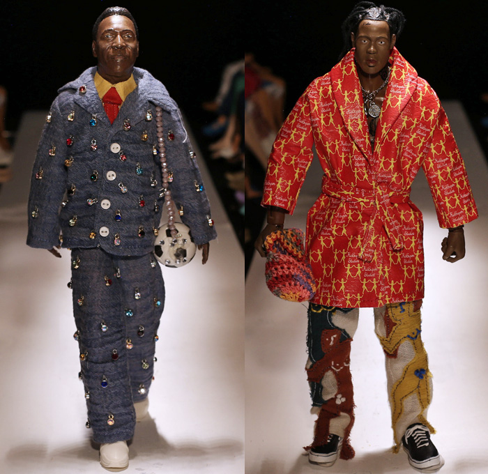 KidSuper by Colm Dillane 2021 Spring Summer Mens Runway Looks - Everything's Fake Until It's Real - Surreal Miniature Models Barbie Dolls Stop-Motion 3D Printed Heads Celebrities Faces Eyes Mouth Artwork Paint Stains Photos Scarf Jacket Coat Robe Patchwork Knit Crochet Basketweave Fringes Embroidery Turtleneck Sweater Wide Leg Pants Bedazzled Gems Sneakers