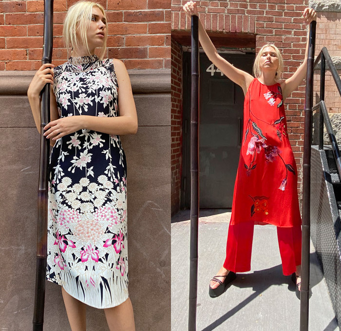 Kobi Halperin 2021 Resort Cruise Pre-Spring Womens Lookbook Presentation - A Pillar of Strength Kyoto Japan Bamboo Forest Flowers Floral Bedazzled Embroidery Dégradé Sequins Pantsuit Blazer Pinstripe Pleats Long Sleeve Blouse Kimono Robe Loungewear Tied Knot Jacket Gradient Ombré Wide Leg Palazzo Pants Bell Sleeves Slip Dress Sleeveless Pink Red Maxi Dress Platform Wedge Sandals