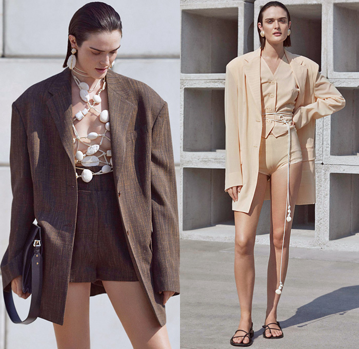 Krizia 2021 Spring Summer Womens Lookbook Presentation - Milano Moda Donna Collezione Milan Fashion Week Italy - Blazer Jacket Pantsuit Mesh Fishnet Basketweave Stones Strings Stripes Patchwork Frayed Raw Hem Silk Satin Viscose Miniskirt Knit Intarsia Cutout Lasercut Sweater Lace Embroidery Slit Tabard Halterneck Blouse Crop Top Midriff Bandeau Sheer Low Neckline Scoopneck Scales Dress Shorts Hotpants Wide Leg Palazzo Pants Shirtdress Coat Sandals Handbag 