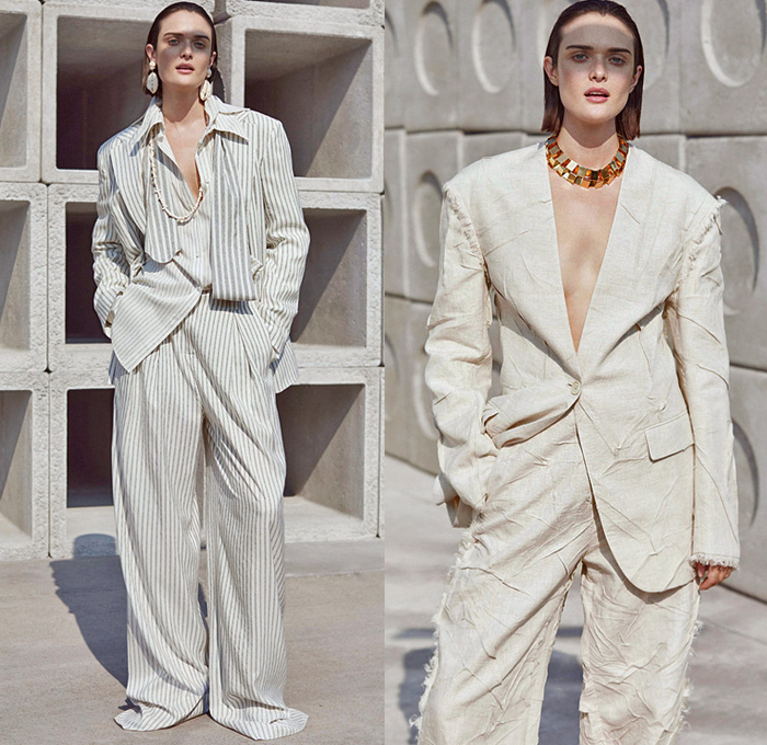 Krizia 2021 Spring Summer Womens Lookbook Presentation - Milano Moda Donna Collezione Milan Fashion Week Italy - Blazer Jacket Pantsuit Mesh Fishnet Basketweave Stones Strings Stripes Patchwork Frayed Raw Hem Silk Satin Viscose Miniskirt Knit Intarsia Cutout Lasercut Sweater Lace Embroidery Slit Tabard Halterneck Blouse Crop Top Midriff Bandeau Sheer Low Neckline Scoopneck Scales Dress Shorts Hotpants Wide Leg Palazzo Pants Shirtdress Coat Sandals Handbag 