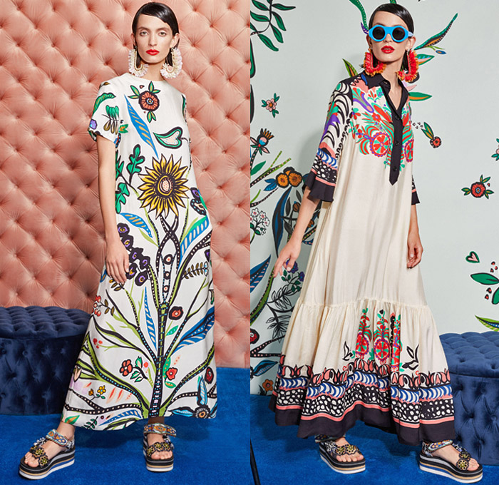 La DoubleJ 2021 Resort Cruise Pre-Spring Womens Lookbook Presentation - Hungarian Carpathian Decorative Art Ornaments Geometric Folklore Tribal Flowers Floral Cape Wide Bell Sleeves Furisode Maxi Shift Column Dress Bedazzled Jewels Gems Beads Crystals Peacock Drawstring Rope Tassel Fringes Feathers Open Back Shirtdress Onesie Tiered Ruffles Blouse Poufy Shoulders Skirt Leggings Flare Wedge Platform Sandals Sunglasses 