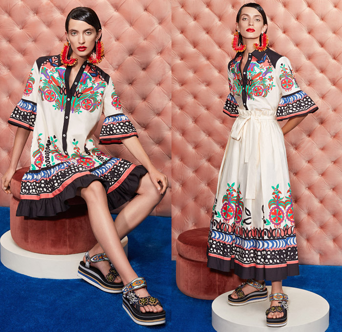 La DoubleJ 2021 Resort Cruise Pre-Spring Womens Lookbook Presentation - Hungarian Carpathian Decorative Art Ornaments Geometric Folklore Tribal Flowers Floral Cape Wide Bell Sleeves Furisode Maxi Shift Column Dress Bedazzled Jewels Gems Beads Crystals Peacock Drawstring Rope Tassel Fringes Feathers Open Back Shirtdress Onesie Tiered Ruffles Blouse Poufy Shoulders Skirt Leggings Flare Wedge Platform Sandals Sunglasses 