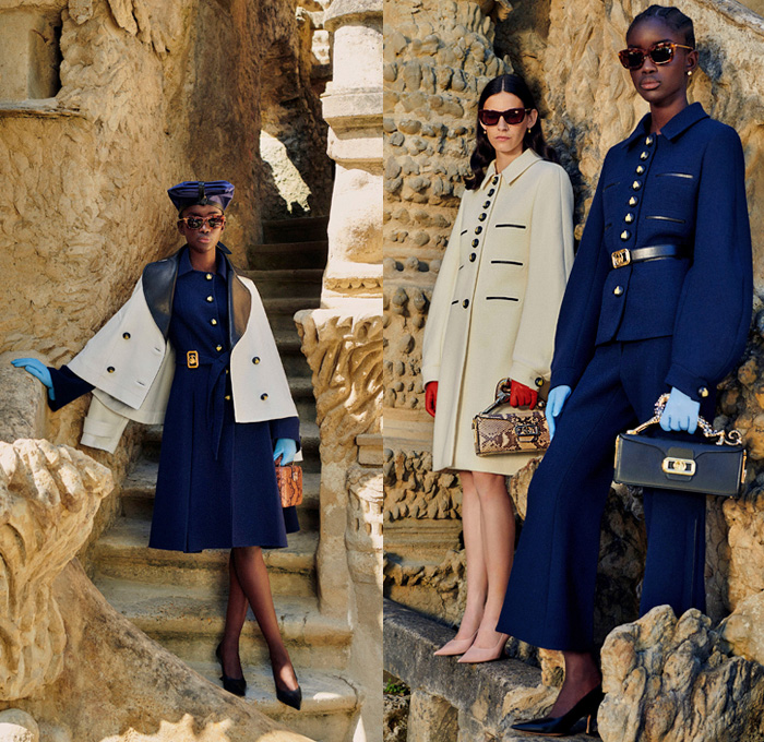 Lanvin 2021 Spring Summer Mens + 2021 Resort Womens Lookbook Presentation - Palais Idéal du Facteur Ferdinand Cheval Medieval Castle Ideal Palace Art Deco Illustration Prints Erté Turban Hat Silk Scarf Sunglasses Polka Dots Ruffles Wide Sleeves Blouse Dress Blazer Trench Coat Cape Poncho Gloves Skirt Shorts Wide Leg Palazzo Pants Stripes Cardigan Shirt Snakeskin Cheetah Handbag Loafers Sandals