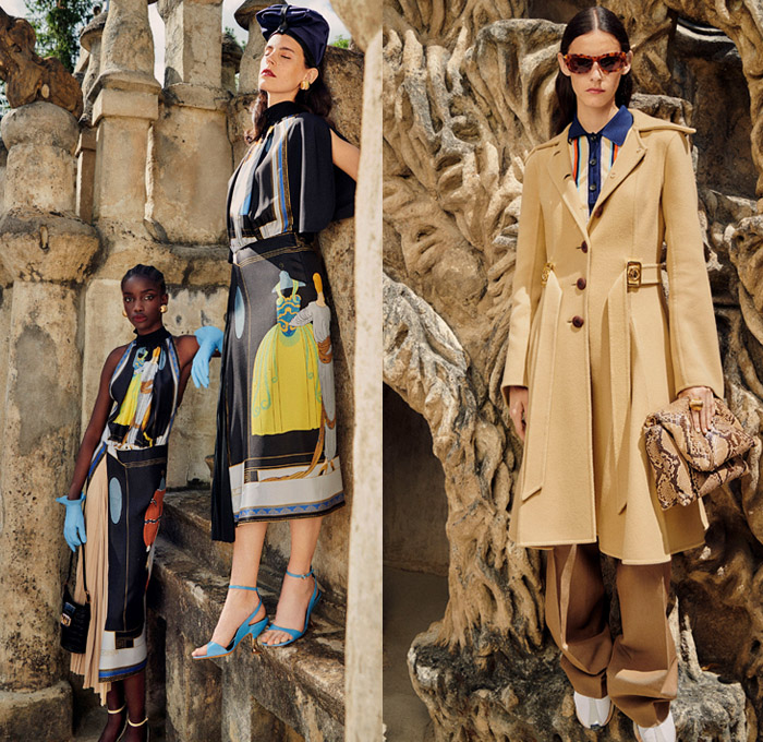 Lanvin 2021 Spring Summer Mens + 2021 Resort Womens Lookbook Presentation - Palais Idéal du Facteur Ferdinand Cheval Medieval Castle Ideal Palace Art Deco Illustration Prints Erté Turban Hat Silk Scarf Sunglasses Polka Dots Ruffles Wide Sleeves Blouse Dress Blazer Trench Coat Cape Poncho Gloves Skirt Shorts Wide Leg Palazzo Pants Stripes Cardigan Shirt Snakeskin Cheetah Handbag Loafers Sandals