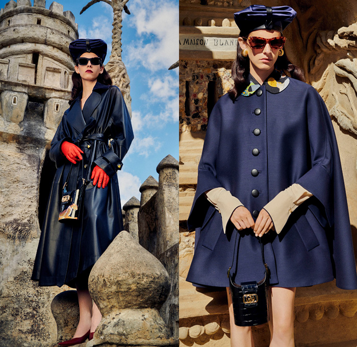 Lanvin 2021 Spring Summer Mens + 2021 Resort Womens Lookbook Presentation - Palais Idéal du Facteur Ferdinand Cheval Medieval Castle Ideal Palace Art Deco Illustration Prints Erté Turban Hat Silk Scarf Sunglasses Polka Dots Ruffles Wide Sleeves Blouse Dress Blazer Trench Coat Cape Poncho Gloves Skirt Shorts Wide Leg Palazzo Pants Stripes Cardigan Shirt Snakeskin Cheetah Handbag Loafers Sandals