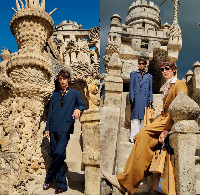 Lanvin 2021 Spring Summer Mens + 2021 Resort Womens Lookbook Presentation - Palais Idéal du Facteur Ferdinand Cheval Medieval Castle Ideal Palace Art Deco Illustration Prints Erté Turban Hat Silk Scarf Sunglasses Polka Dots Ruffles Wide Sleeves Blouse Dress Blazer Trench Coat Cape Poncho Gloves Skirt Shorts Wide Leg Palazzo Pants Stripes Cardigan Shirt Snakeskin Cheetah Handbag Loafers Sandals