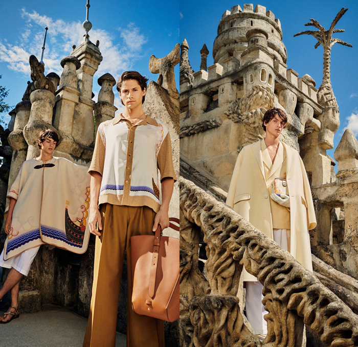 Lanvin 2021 Spring Summer Mens + 2021 Resort Womens Lookbook Presentation - Palais Idéal du Facteur Ferdinand Cheval Medieval Castle Ideal Palace Art Deco Illustration Prints Erté Turban Hat Silk Scarf Sunglasses Polka Dots Ruffles Wide Sleeves Blouse Dress Blazer Trench Coat Cape Poncho Gloves Skirt Shorts Wide Leg Palazzo Pants Stripes Cardigan Shirt Snakeskin Cheetah Handbag Loafers Sandals