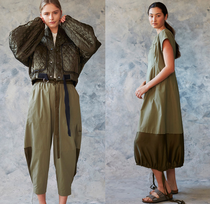 Lee Mathews 2021 Resort Cruise Pre-Spring Womens Lookbook Presentation - Pinafore Prairie Farm Dress Flowers Floral Watercolor Shirtdress Onesie Sheer Chiffon Ruffles Noodle Strap Quilted Puffer Aviator Jacket Military Fatigues Puff Ball Drawstring Triangular Cap Sleeve Straps Pockets Linen Knit Shirt Blouse Tunic Square Trapezoid Neck Accordion Pleats Wide Leg Palazzo Pants Hotpants Shorts Bucket Floppy Hat Fanny Pack Waist Pouch Belt Bag