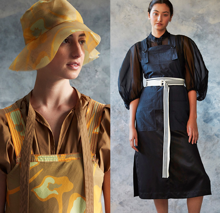 Lee Mathews 2021 Resort Cruise Pre-Spring Womens Lookbook Presentation - Pinafore Prairie Farm Dress Flowers Floral Watercolor Shirtdress Onesie Sheer Chiffon Ruffles Noodle Strap Quilted Puffer Aviator Jacket Military Fatigues Puff Ball Drawstring Triangular Cap Sleeve Straps Pockets Linen Knit Shirt Blouse Tunic Square Trapezoid Neck Accordion Pleats Wide Leg Palazzo Pants Hotpants Shorts Bucket Floppy Hat Fanny Pack Waist Pouch Belt Bag