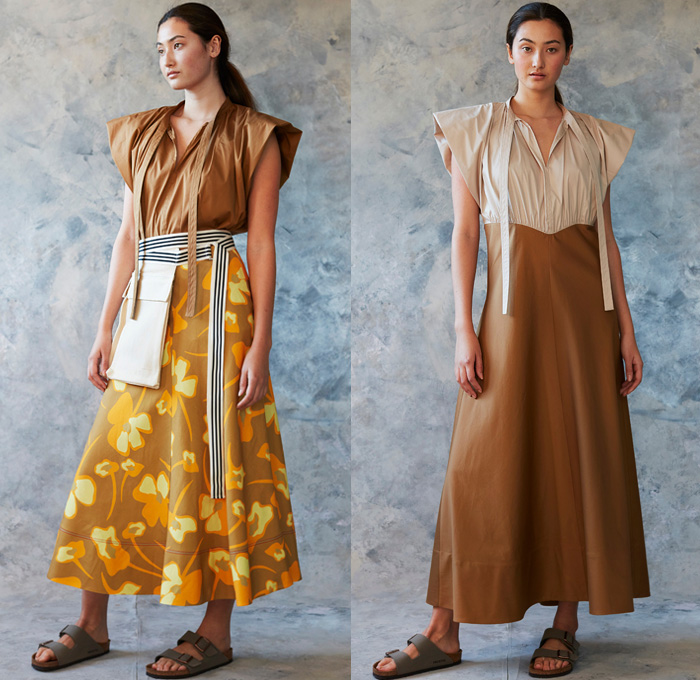 Lee Mathews 2021 Resort Cruise Pre-Spring Womens Lookbook Presentation - Pinafore Prairie Farm Dress Flowers Floral Watercolor Shirtdress Onesie Sheer Chiffon Ruffles Noodle Strap Quilted Puffer Aviator Jacket Military Fatigues Puff Ball Drawstring Triangular Cap Sleeve Straps Pockets Linen Knit Shirt Blouse Tunic Square Trapezoid Neck Accordion Pleats Wide Leg Palazzo Pants Hotpants Shorts Bucket Floppy Hat Fanny Pack Waist Pouch Belt Bag