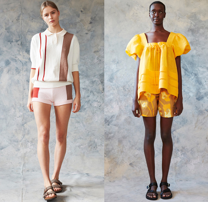 Lee Mathews 2021 Resort Cruise Pre-Spring Womens Lookbook Presentation - Pinafore Prairie Farm Dress Flowers Floral Watercolor Shirtdress Onesie Sheer Chiffon Ruffles Noodle Strap Quilted Puffer Aviator Jacket Military Fatigues Puff Ball Drawstring Triangular Cap Sleeve Straps Pockets Linen Knit Shirt Blouse Tunic Square Trapezoid Neck Accordion Pleats Wide Leg Palazzo Pants Hotpants Shorts Bucket Floppy Hat Fanny Pack Waist Pouch Belt Bag