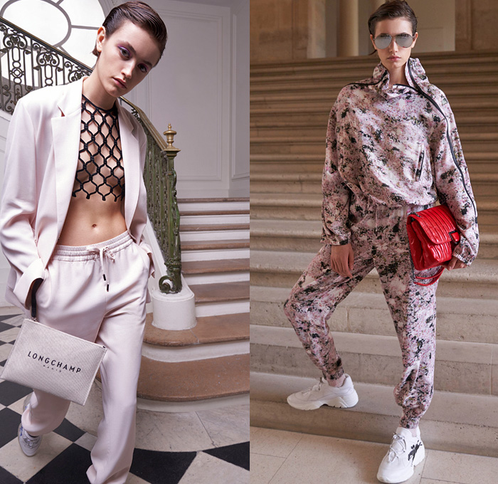 Longchamp 2021 Spring Summer Womens Lookbook Presentation - Mode à Paris Fashion Week France - Blazer Blouse Stripes Macramé Crop Top Lambskin Leather Overalls Onesie Jumpsuit Romper Flowers Floral Bouquet Print Suede Alligator Coat Parka Trackwear Lace Embroidery Coins Shirtdress Logo Dress Ruffles Metallic Miniskirt Jogger Sweatpants Hotpants Parisian Fishnet Mesh Market Bag Filet Le Pliage Croco Calfskin Roseau Handbag Freeminder Sneakers Sandals Trainers