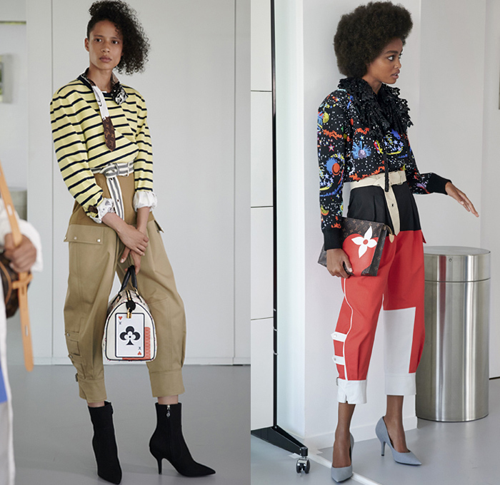 Louis Vuitton 2021 Resort Cruise Pre-Spring Womens Lookbook Presentation - Playing Cards Clubs Hearts Diamonds Spades Nipped Waist Blazer Elongated Collar Ruffles Space Stars Planets Blouse Draped Sleeves Parka Coat Split Panel Quilted Capelet Shawl Pellegrina Dress Leggings Tights Jogger Sweatpants Stripes Cargo Utility Pockets Shirtdress Archlight Sneakers Trainers Heart Dice Handbag Doctor Bag Clutch Purse Mud Boots