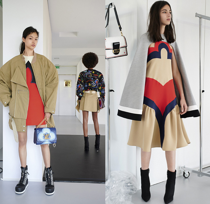 Louis Vuitton 2021 Resort Cruise Pre-Spring Womens Lookbook Presentation - Playing Cards Clubs Hearts Diamonds Spades Nipped Waist Blazer Elongated Collar Ruffles Space Stars Planets Blouse Draped Sleeves Parka Coat Split Panel Quilted Capelet Shawl Pellegrina Dress Leggings Tights Jogger Sweatpants Stripes Cargo Utility Pockets Shirtdress Archlight Sneakers Trainers Heart Dice Handbag Doctor Bag Clutch Purse Mud Boots