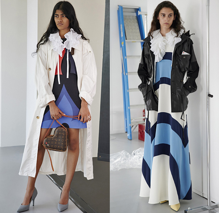 Louis Vuitton 2021 Resort Cruise Pre-Spring Womens Lookbook Presentation - Playing Cards Clubs Hearts Diamonds Spades Nipped Waist Blazer Elongated Collar Ruffles Space Stars Planets Blouse Draped Sleeves Parka Coat Split Panel Quilted Capelet Shawl Pellegrina Dress Leggings Tights Jogger Sweatpants Stripes Cargo Utility Pockets Shirtdress Archlight Sneakers Trainers Heart Dice Handbag Doctor Bag Clutch Purse Mud Boots