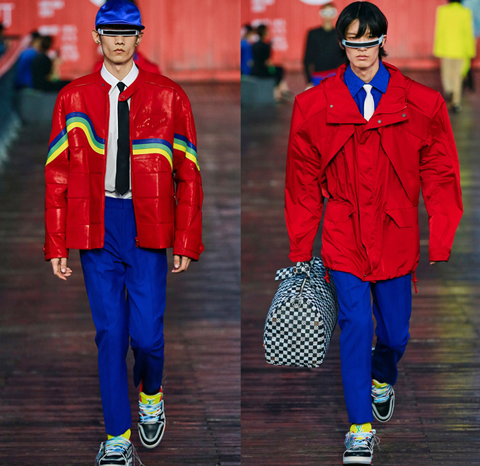 Louis Vuitton 2021 Spring Summer Mens Runway Looks - Virgil Abloh - Shanghai China - Plush Stuffed Toys Quilted Puffer Fur Fleece Boxy Coat Rainwear Monogram Logo-Mania Trompe L'oeil Motorcycle Biker Jacket Stripes Knit Mesh Fringes Rainbow Plaid Hypnotic Racing Check Deconstructed Lapel suit Blazer Shorts Long Sleeve Shirt Necktie Top Hat Tron Mono Lens Sunglasses Handbag Backpack Duffel Bag Boots Sneakers