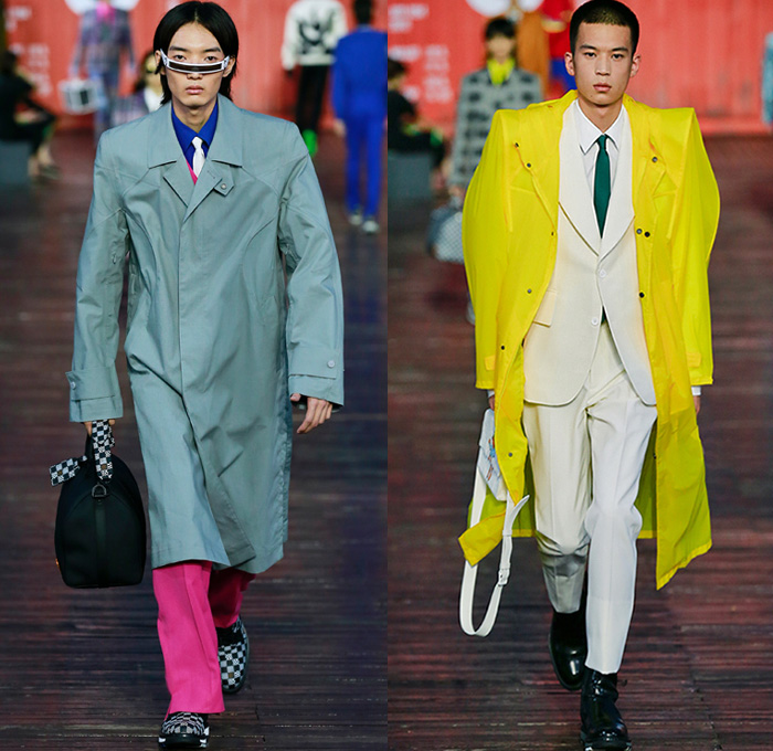 Louis Vuitton 2021 Spring Summer Mens Runway Looks - Virgil Abloh - Shanghai China - Plush Stuffed Toys Quilted Puffer Fur Fleece Boxy Coat Rainwear Monogram Logo-Mania Trompe L'oeil Motorcycle Biker Jacket Stripes Knit Mesh Fringes Rainbow Plaid Hypnotic Racing Check Deconstructed Lapel suit Blazer Shorts Long Sleeve Shirt Necktie Top Hat Tron Mono Lens Sunglasses Handbag Backpack Duffel Bag Boots Sneakers