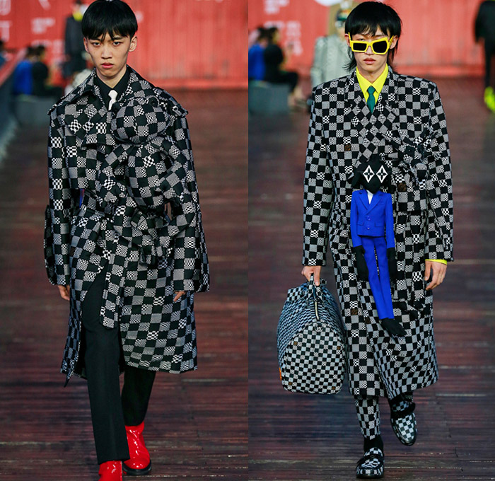 Louis Vuitton 2021 Spring Summer Mens Runway Looks - Virgil Abloh - Shanghai China - Plush Stuffed Toys Quilted Puffer Fur Fleece Boxy Coat Rainwear Monogram Logo-Mania Trompe L'oeil Motorcycle Biker Jacket Stripes Knit Mesh Fringes Rainbow Plaid Hypnotic Racing Check Deconstructed Lapel suit Blazer Shorts Long Sleeve Shirt Necktie Top Hat Tron Mono Lens Sunglasses Handbag Backpack Duffel Bag Boots Sneakers