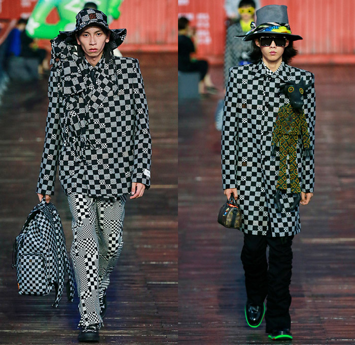 Louis Vuitton 2021 Spring Summer Mens Runway Looks - Virgil Abloh - Shanghai China - Plush Stuffed Toys Quilted Puffer Fur Fleece Boxy Coat Rainwear Monogram Logo-Mania Trompe L'oeil Motorcycle Biker Jacket Stripes Knit Mesh Fringes Rainbow Plaid Hypnotic Racing Check Deconstructed Lapel suit Blazer Shorts Long Sleeve Shirt Necktie Top Hat Tron Mono Lens Sunglasses Handbag Backpack Duffel Bag Boots Sneakers