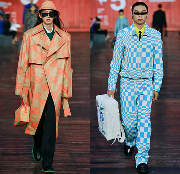 Louis Vuitton 2021 Spring Summer Mens Runway Looks - Virgil Abloh - Shanghai China - Plush Stuffed Toys Quilted Puffer Fur Fleece Boxy Coat Rainwear Monogram Logo-Mania Trompe L'oeil Motorcycle Biker Jacket Stripes Knit Mesh Fringes Rainbow Plaid Hypnotic Racing Check Deconstructed Lapel suit Blazer Shorts Long Sleeve Shirt Necktie Top Hat Tron Mono Lens Sunglasses Handbag Backpack Duffel Bag Boots Sneakers