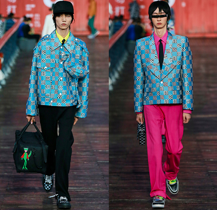 Louis Vuitton 2021 Spring Summer Mens Runway Looks - Virgil Abloh - Shanghai China - Plush Stuffed Toys Quilted Puffer Fur Fleece Boxy Coat Rainwear Monogram Logo-Mania Trompe L'oeil Motorcycle Biker Jacket Stripes Knit Mesh Fringes Rainbow Plaid Hypnotic Racing Check Deconstructed Lapel suit Blazer Shorts Long Sleeve Shirt Necktie Top Hat Tron Mono Lens Sunglasses Handbag Backpack Duffel Bag Boots Sneakers