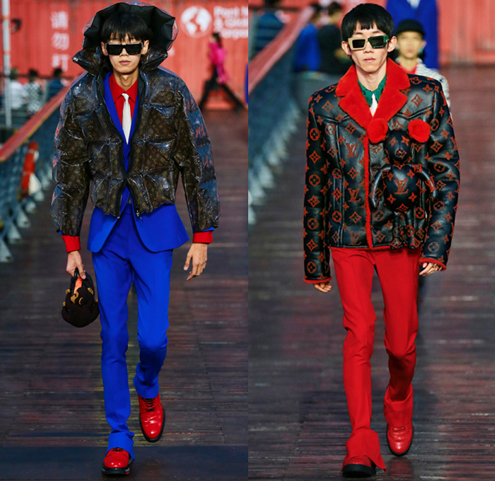 Louis Vuitton 2021 Spring Summer Mens Runway Looks - Virgil Abloh - Shanghai China - Plush Stuffed Toys Quilted Puffer Fur Fleece Boxy Coat Rainwear Monogram Logo-Mania Trompe L'oeil Motorcycle Biker Jacket Stripes Knit Mesh Fringes Rainbow Plaid Hypnotic Racing Check Deconstructed Lapel suit Blazer Shorts Long Sleeve Shirt Necktie Top Hat Tron Mono Lens Sunglasses Handbag Backpack Duffel Bag Boots Sneakers