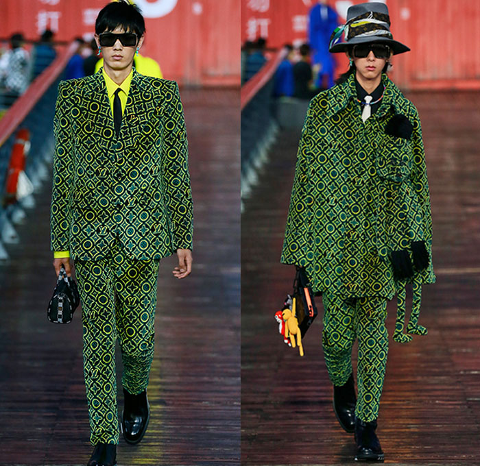 Louis Vuitton 2021 Spring Summer Mens Runway Looks - Virgil Abloh - Shanghai China - Plush Stuffed Toys Quilted Puffer Fur Fleece Boxy Coat Rainwear Monogram Logo-Mania Trompe L'oeil Motorcycle Biker Jacket Stripes Knit Mesh Fringes Rainbow Plaid Hypnotic Racing Check Deconstructed Lapel suit Blazer Shorts Long Sleeve Shirt Necktie Top Hat Tron Mono Lens Sunglasses Handbag Backpack Duffel Bag Boots Sneakers