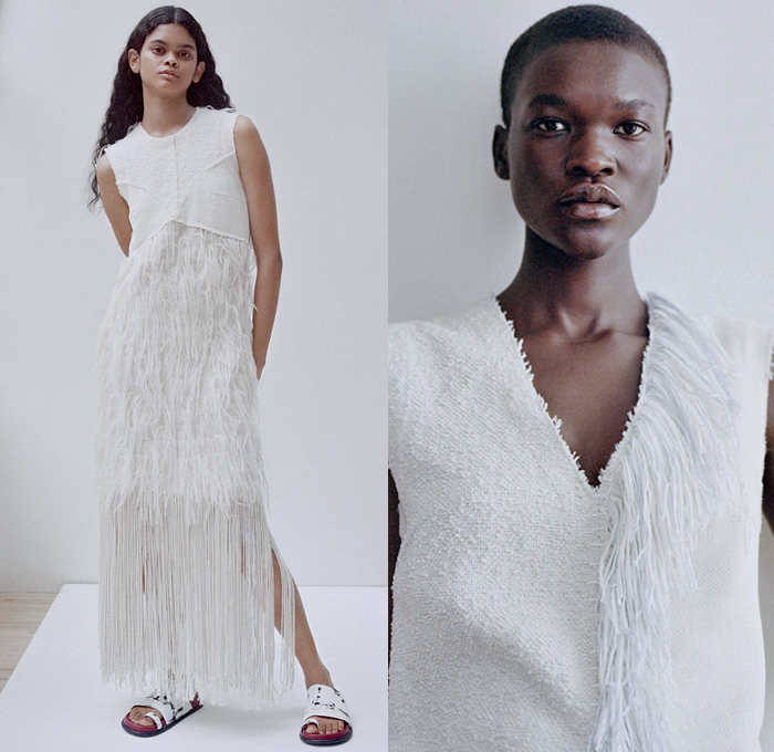 Marina Moscone 2021 Resort Cruise Pre-Spring Womens Lookbook Presentation - Basque Blazer Fringes Trims Threads Cape Top Sheer Tulle Sleeveless V-Neck Tunic Frayed Raw Hem Sheath Dress Quilted Patchwork Knit Weave Knot Braid Yarn Silk Embroidery Sweater Pullover Baja Hoodie Wool Blanket Poncho Hanging Sleeve Pantsuit Blazer Strapless Blouse Asymmetrical Split Half Loungewear Trousers Sandals