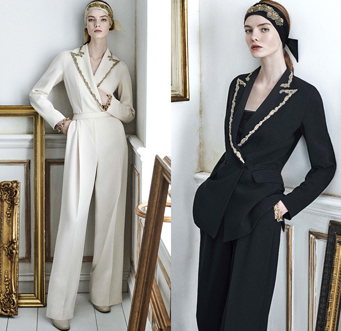Max Mara 2021 Resort Cruise Pre-Spring Womens Lookbook Presentation - Russian Aristocracy Pantsuit Blazer Bedazzled Studs Embroidery Braid Headband Flowers Floral Ornaments Decorative Art Jacquard Brocade Teddy Bear Fur Coat Tabard Strapless Gown Trompe L'oeil Leaves Foliage Column Maxi Dress Chain Sheer Long Sleeve Blouse Knit Weave Cardigan Sweater Accordion Pleats Skirt Snap Buttons Tearaway Tuxedo Stripe Wide Leg Palazzo Pants Boots Loafers Handbag