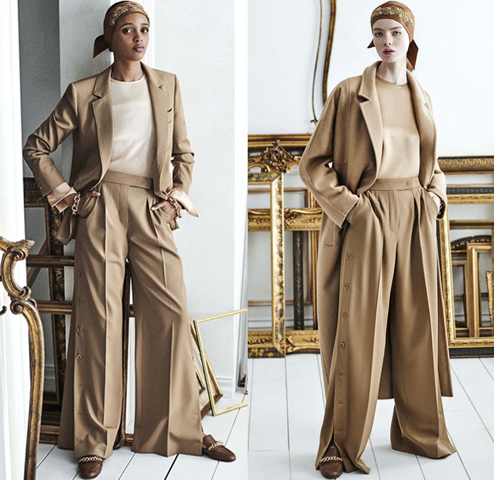 Max Mara 2021 Resort Cruise Pre-Spring Womens Lookbook Presentation - Russian Aristocracy Pantsuit Blazer Bedazzled Studs Embroidery Braid Headband Flowers Floral Ornaments Decorative Art Jacquard Brocade Teddy Bear Fur Coat Tabard Strapless Gown Trompe L'oeil Leaves Foliage Column Maxi Dress Chain Sheer Long Sleeve Blouse Knit Weave Cardigan Sweater Accordion Pleats Skirt Snap Buttons Tearaway Tuxedo Stripe Wide Leg Palazzo Pants Boots Loafers Handbag