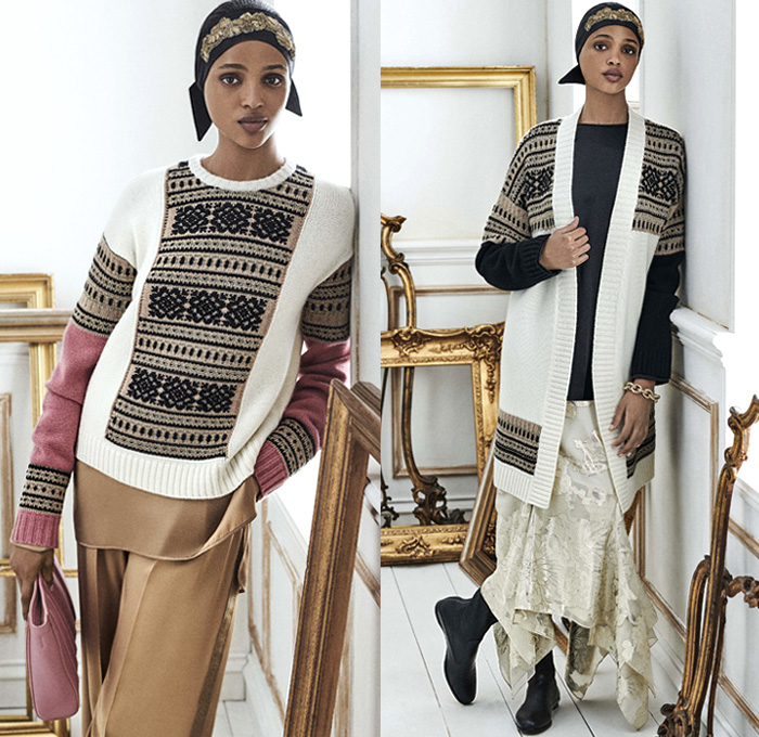 Max Mara 2021 Resort Cruise Pre-Spring Womens Lookbook Presentation - Russian Aristocracy Pantsuit Blazer Bedazzled Studs Embroidery Braid Headband Flowers Floral Ornaments Decorative Art Jacquard Brocade Teddy Bear Fur Coat Tabard Strapless Gown Trompe L'oeil Leaves Foliage Column Maxi Dress Chain Sheer Long Sleeve Blouse Knit Weave Cardigan Sweater Accordion Pleats Skirt Snap Buttons Tearaway Tuxedo Stripe Wide Leg Palazzo Pants Boots Loafers Handbag