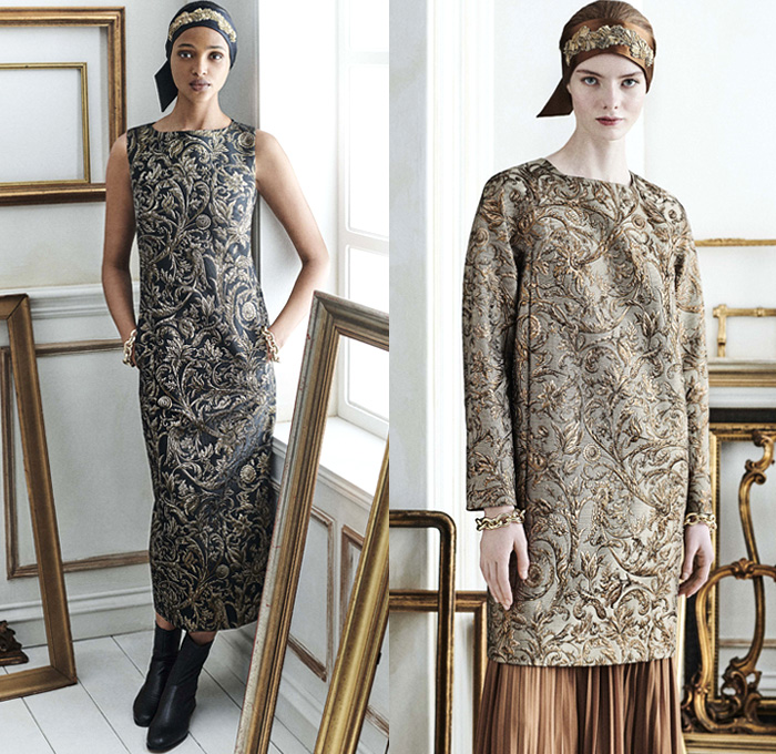 Max Mara 2021 Resort Cruise Pre-Spring Womens Lookbook Presentation - Russian Aristocracy Pantsuit Blazer Bedazzled Studs Embroidery Braid Headband Flowers Floral Ornaments Decorative Art Jacquard Brocade Teddy Bear Fur Coat Tabard Strapless Gown Trompe L'oeil Leaves Foliage Column Maxi Dress Chain Sheer Long Sleeve Blouse Knit Weave Cardigan Sweater Accordion Pleats Skirt Snap Buttons Tearaway Tuxedo Stripe Wide Leg Palazzo Pants Boots Loafers Handbag
