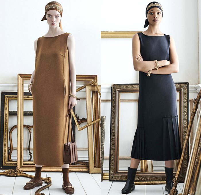 Max Mara 2021 Resort Cruise Pre-Spring Womens Lookbook Presentation - Russian Aristocracy Pantsuit Blazer Bedazzled Studs Embroidery Braid Headband Flowers Floral Ornaments Decorative Art Jacquard Brocade Teddy Bear Fur Coat Tabard Strapless Gown Trompe L'oeil Leaves Foliage Column Maxi Dress Chain Sheer Long Sleeve Blouse Knit Weave Cardigan Sweater Accordion Pleats Skirt Snap Buttons Tearaway Tuxedo Stripe Wide Leg Palazzo Pants Boots Loafers Handbag