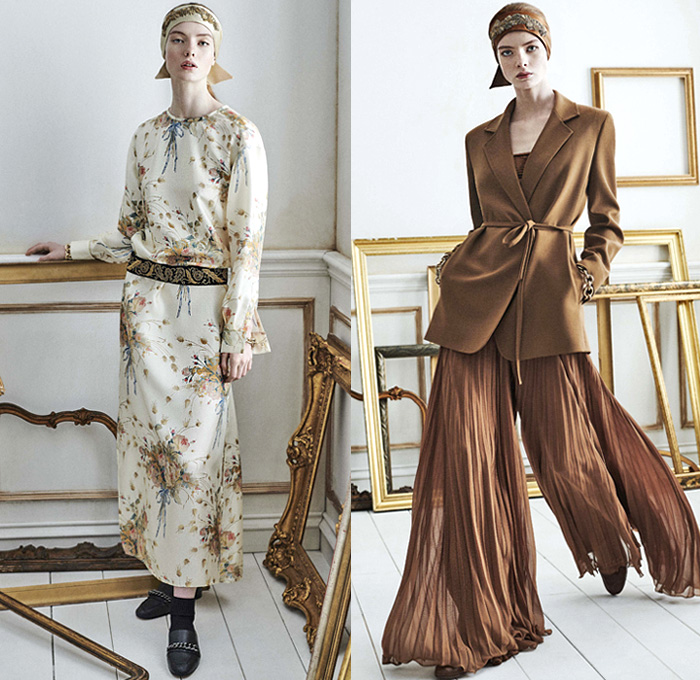 Max Mara 2021 Resort Cruise Pre-Spring Womens Lookbook Presentation - Russian Aristocracy Pantsuit Blazer Bedazzled Studs Embroidery Braid Headband Flowers Floral Ornaments Decorative Art Jacquard Brocade Teddy Bear Fur Coat Tabard Strapless Gown Trompe L'oeil Leaves Foliage Column Maxi Dress Chain Sheer Long Sleeve Blouse Knit Weave Cardigan Sweater Accordion Pleats Skirt Snap Buttons Tearaway Tuxedo Stripe Wide Leg Palazzo Pants Boots Loafers Handbag