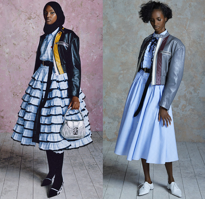 Miu Miu 2021 Resort Cruise Pre-Spring Womens Lookbook Presentation - Peter Pan Collar Flowers Floral Blouse Poufy Shoulders Puff Sleeves Picnic Check Plaid Bowling Jacket Strapless Dress Ruffles Tiered Stripes Lace Mesh Embroidery Crop Top Midriff Bandeau Bedazzled Crystals Gems Jewels Knit Cardigan Ribbons Kittens Leopard Cheetah Coat Sweatshirt Vest Sweatpants Jogger Leggings Cycling Compression Bike Shorts Coffer Matelassé Nappa Leather Handbag Sport Socks