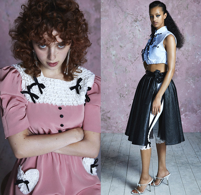 Miu Miu 2021 Resort Cruise Pre-Spring Womens Lookbook Presentation - Peter Pan Collar Flowers Floral Blouse Poufy Shoulders Puff Sleeves Picnic Check Plaid Bowling Jacket Strapless Dress Ruffles Tiered Stripes Lace Mesh Embroidery Crop Top Midriff Bandeau Bedazzled Crystals Gems Jewels Knit Cardigan Ribbons Kittens Leopard Cheetah Coat Sweatshirt Vest Sweatpants Jogger Leggings Cycling Compression Bike Shorts Coffer Matelassé Nappa Leather Handbag Sport Socks