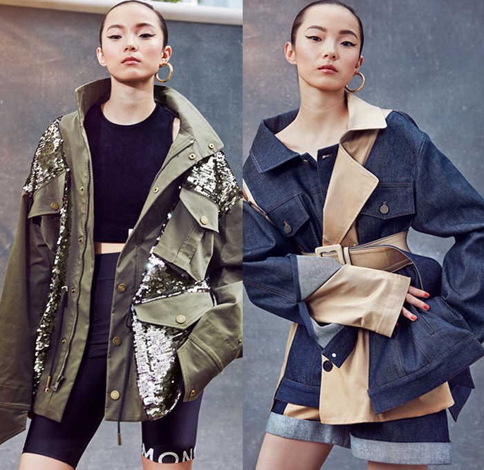 Monse New York 2021 Resort Cruise Pre-Spring Womens Lookbook Presentation - Bedazzled Sequins Embroidery Field Military Jacket Crop Top Midriff Patchwork Hybrid Deconstructed Mash Up Khaki Twill Denim Jeans One Shoulder Halterneck Wrap Knit Turtleneck Cardigan Sweater Stripes Shirtdress Sleeveless Tabard Vestdress Cutout Shoulders Plaid Check Draped Strapless Dress Cycling Compression Bike Shorts Slit Wide Leg Pants Shorts Bucket Hat Boots Sneakers