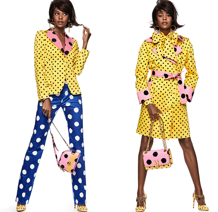 Moschino 2021 Resort Cruise Pre-Spring Womens Lookbook Presentation - Italian Flag Colors Smiley Face Embroidery Quilted Chain Logo Pendants Trench Coat Parka Crop Top Midriff Bomber Jacket Blazer Polka Dots Shirtdress Onesie Sweaterdress Jogger Sweats Roses Flowers Floral Teddy Bear Typography Lettering Poufy High Shoulders Scarf Strapless Bow Ribbon Miniskirt Wide Leg Pants Shorts Heels Handbag Micro Mini Purse Shirt Motorcycle Biker Bag