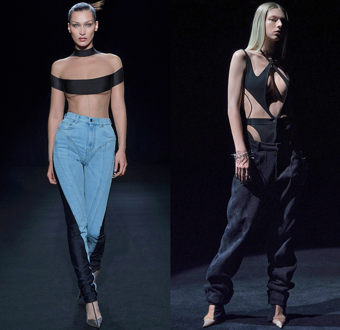 Mugler 2021 Spring Summer Womens Runway Catwalk Looks - Patchwork Ribbed Spiral Denim Jeans Jacket Sheer Tulle Cutout Holes Perforated Halterneck Wrap Tied Pantsuit Crop Top Midriff Optical Art Stripes Blouse Shapewear Bodycon Dress Boxy Shoulders Blazer Vest Silk Satin Lingerie Intimates Bedazzled Crystals Strapless Gown Cinch Corset Waist Tights Stockings Leggings Flare Pants Opera Gloves Heels