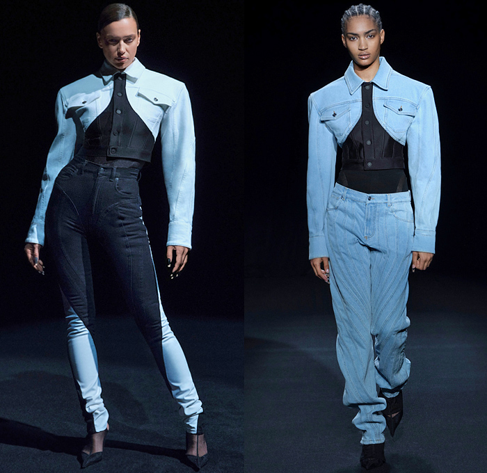 Mugler 2021 Spring Summer Womens Runway Catwalk Looks - Patchwork Ribbed Spiral Denim Jeans Jacket Sheer Tulle Cutout Holes Perforated Halterneck Wrap Tied Pantsuit Crop Top Midriff Optical Art Stripes Blouse Shapewear Bodycon Dress Boxy Shoulders Blazer Vest Silk Satin Lingerie Intimates Bedazzled Crystals Strapless Gown Cinch Corset Waist Tights Stockings Leggings Flare Pants Opera Gloves Heels