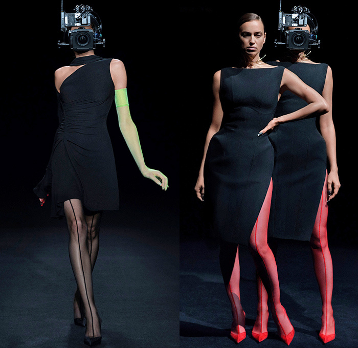 Mugler 2021 Spring Summer Womens Runway Catwalk Looks - Patchwork Ribbed Spiral Denim Jeans Jacket Sheer Tulle Cutout Holes Perforated Halterneck Wrap Tied Pantsuit Crop Top Midriff Optical Art Stripes Blouse Shapewear Bodycon Dress Boxy Shoulders Blazer Vest Silk Satin Lingerie Intimates Bedazzled Crystals Strapless Gown Cinch Corset Waist Tights Stockings Leggings Flare Pants Opera Gloves Heels