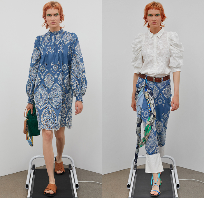 Munthe 2021 Spring Summer Womens Lookbook Presentation - Copenhagen Fashion Week Denmark CPHFW København - Decorative Art Ornaments Eyelets Holes Mesh Embroidery Poufy Shoulders Puff Sleeves Prairie Shift Dress Trompe L'oeil Flowers Floral Fringes Boho Chic Marine Nautical Sailor Bungee Cords Rope Anchor Birds Stripes Pinstripe Vest Split Half Shirtdress Knit Cardigan Herringbone Check Coat Wide Leg Bleached Acid Wash Denim Jeans Corduroy Culottes Pantsuit Quilted Handbag Sandals