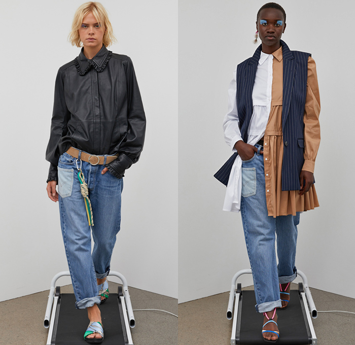 Munthe 2021 Spring Summer Womens Lookbook Presentation - Copenhagen Fashion Week Denmark CPHFW København - Decorative Art Ornaments Eyelets Holes Mesh Embroidery Poufy Shoulders Puff Sleeves Prairie Shift Dress Trompe L'oeil Flowers Floral Fringes Boho Chic Marine Nautical Sailor Bungee Cords Rope Anchor Birds Stripes Pinstripe Vest Split Half Shirtdress Knit Cardigan Herringbone Check Coat Wide Leg Bleached Acid Wash Denim Jeans Corduroy Culottes Pantsuit Quilted Handbag Sandals