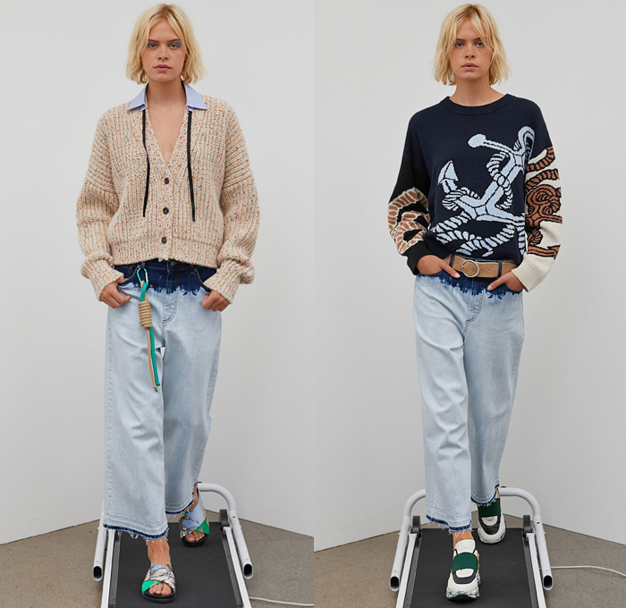 Munthe 2021 Spring Summer Womens Lookbook Presentation - Copenhagen Fashion Week Denmark CPHFW København - Decorative Art Ornaments Eyelets Holes Mesh Embroidery Poufy Shoulders Puff Sleeves Prairie Shift Dress Trompe L'oeil Flowers Floral Fringes Boho Chic Marine Nautical Sailor Bungee Cords Rope Anchor Birds Stripes Pinstripe Vest Split Half Shirtdress Knit Cardigan Herringbone Check Coat Wide Leg Bleached Acid Wash Denim Jeans Corduroy Culottes Pantsuit Quilted Handbag Sandals