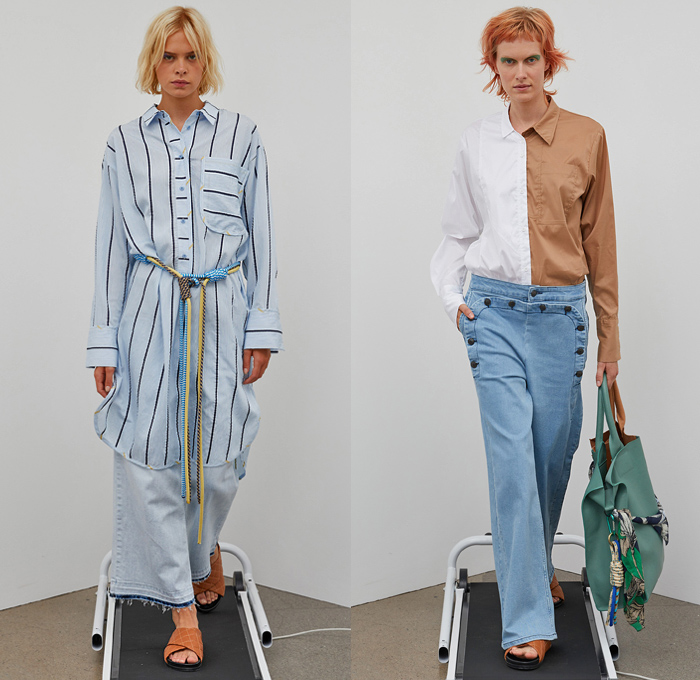 Munthe 2021 Spring Summer Womens Lookbook Presentation - Copenhagen Fashion Week Denmark CPHFW København - Decorative Art Ornaments Eyelets Holes Mesh Embroidery Poufy Shoulders Puff Sleeves Prairie Shift Dress Trompe L'oeil Flowers Floral Fringes Boho Chic Marine Nautical Sailor Bungee Cords Rope Anchor Birds Stripes Pinstripe Vest Split Half Shirtdress Knit Cardigan Herringbone Check Coat Wide Leg Bleached Acid Wash Denim Jeans Corduroy Culottes Pantsuit Quilted Handbag Sandals