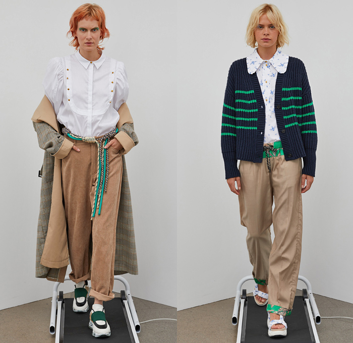 Munthe 2021 Spring Summer Womens Lookbook Presentation - Copenhagen Fashion Week Denmark CPHFW København - Decorative Art Ornaments Eyelets Holes Mesh Embroidery Poufy Shoulders Puff Sleeves Prairie Shift Dress Trompe L'oeil Flowers Floral Fringes Boho Chic Marine Nautical Sailor Bungee Cords Rope Anchor Birds Stripes Pinstripe Vest Split Half Shirtdress Knit Cardigan Herringbone Check Coat Wide Leg Bleached Acid Wash Denim Jeans Corduroy Culottes Pantsuit Quilted Handbag Sandals