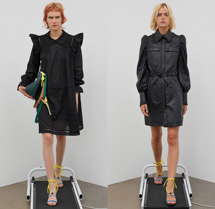 Munthe 2021 Spring Summer Womens Lookbook Presentation - Copenhagen Fashion Week Denmark CPHFW København - Decorative Art Ornaments Eyelets Holes Mesh Embroidery Poufy Shoulders Puff Sleeves Prairie Shift Dress Trompe L'oeil Flowers Floral Fringes Boho Chic Marine Nautical Sailor Bungee Cords Rope Anchor Birds Stripes Pinstripe Vest Split Half Shirtdress Knit Cardigan Herringbone Check Coat Wide Leg Bleached Acid Wash Denim Jeans Corduroy Culottes Pantsuit Quilted Handbag Sandals